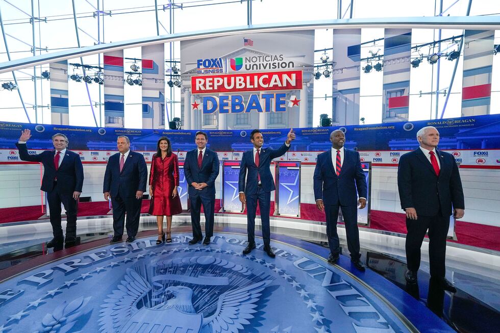 Republican presidential candidates, from left, North Dakota Gov. Doug Burgum, former New...