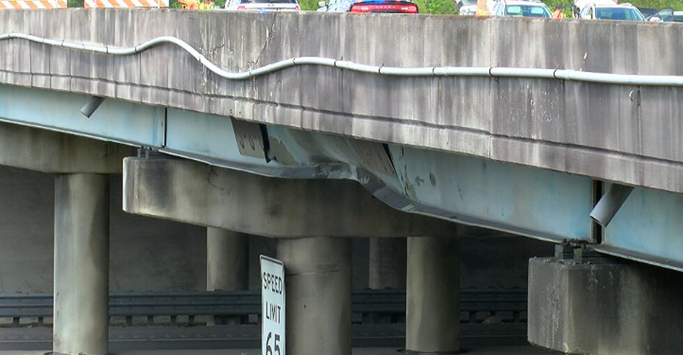 Picture of the damage on the College Park Road overpass caused by the tractor trailer....