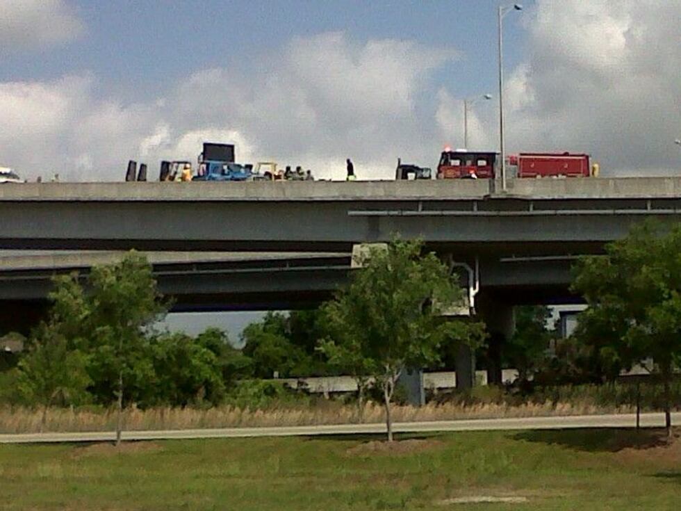 A view of the wreck from below the overpass.