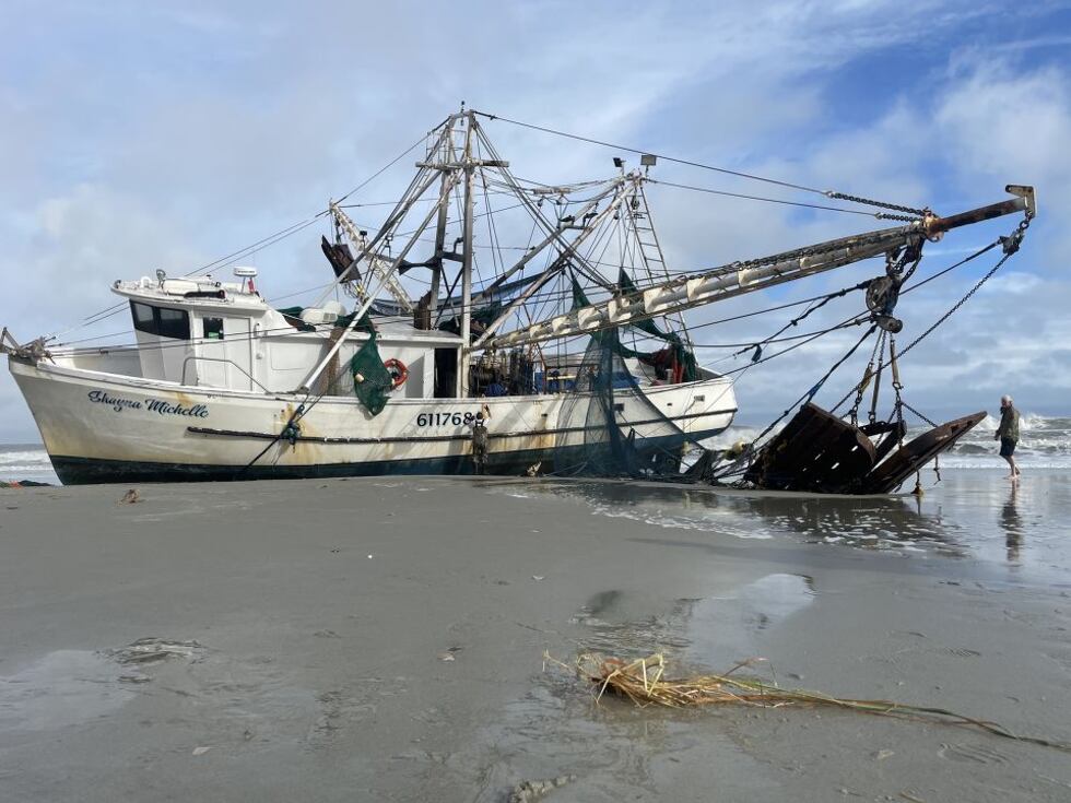 This shrimp boat washed ashore during Hurricane Ian.