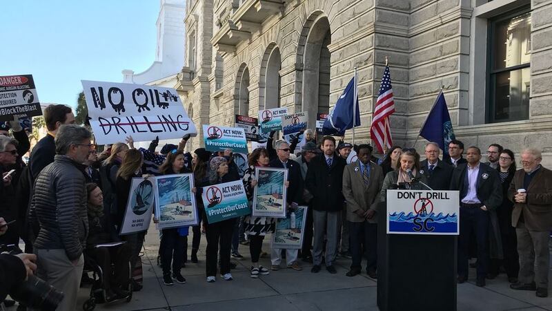 Congressman-elect Joe Cunningham stands with environmental groups as they announce their...