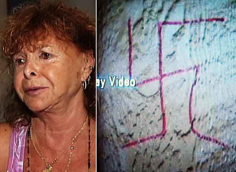 Estelle Whitney and a picture taken of one of the swastikas found outside Whitney's home.