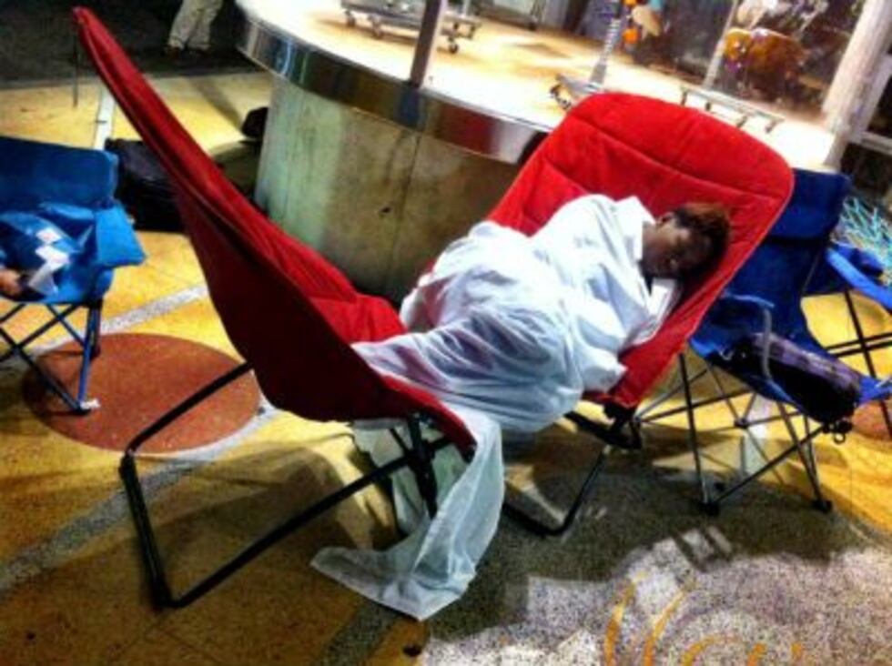 One shopper sacks out overnight.