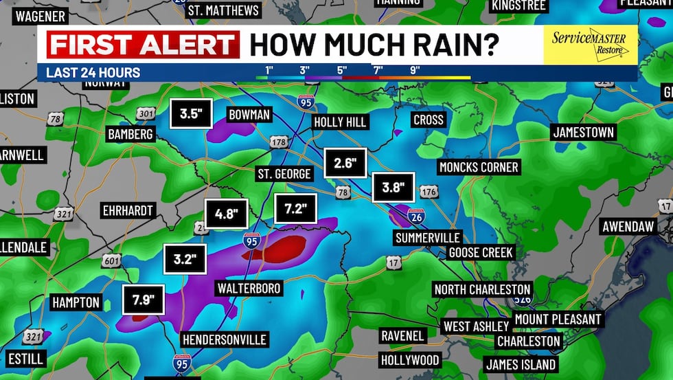 Portions of Colleton and Dorchester Counties got over 7 inches of rain during Wednesday...