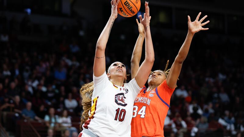 South Carolina center Kamilla Cardoso (10) shoots against Clemson forward Amani Freeman during...
