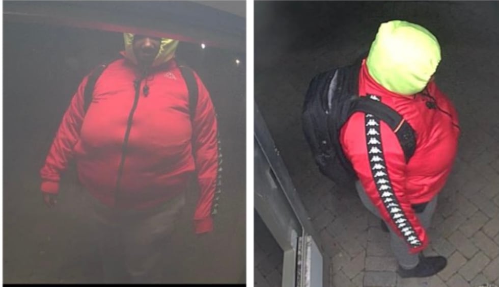 The first suspect was seen wearing a red and black 222 Banda Anniston track jacket and a black...