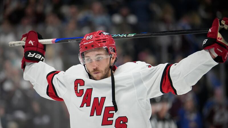 Carolina Hurricanes left wing Michael Bunting skates off the ice after losing to the Colorado...