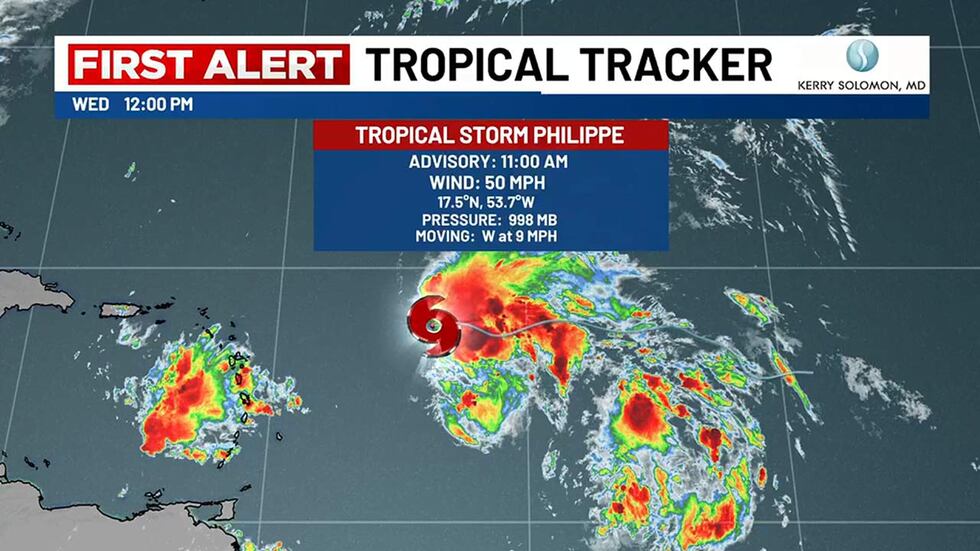 As of 11 a.m. Wednesday, Tropical Storm Philippe was approximately 620 miles east of the...
